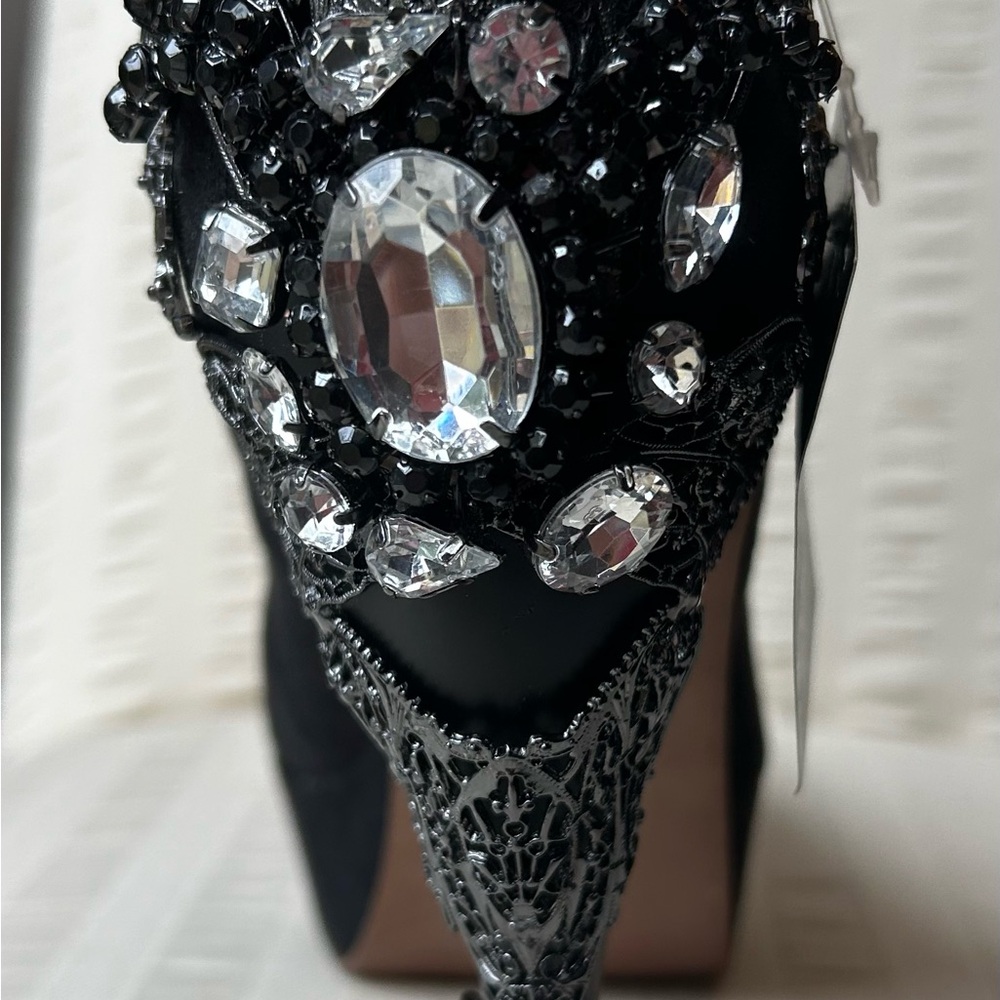 Hades Black Heels with lace trim, metallic & rhinestone Embellishments. - Picture 6 of 11